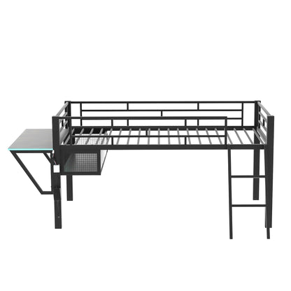 Merax Mid Loft Bed Twin Size with Desk, Metal Gaming Loft Bed with LED Light, for Teens & Adults, Black