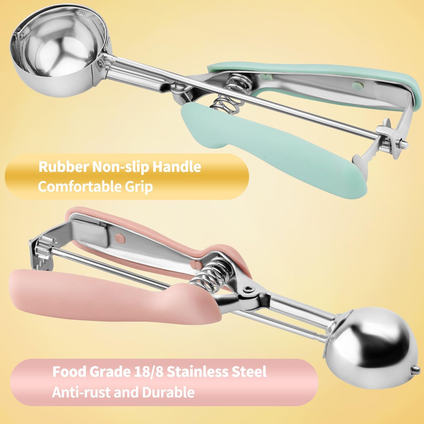Cookie Scoop Set of 3, 18/8 Stainless Steel Cookie Dough Scoops with Blue, Pink & Green Color-Coded Grips, Small/Medium/Large (#60, #40, #20) Portion Scooper for Baking, Cupcakes & Ice Cream