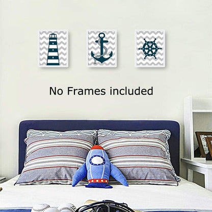 HPNIUB Nautical Art Print Set of 3 (8”X10”), Lighthouse, Steering Wheel, Anchor, Navigation Print for Baby Boy