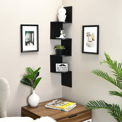 4 WELLAND Zig Zag Tiers Black Finished Floating Shelf,Wall Mounted Corner Wall Shelf for Bed Room,Living Room,Kitchen
