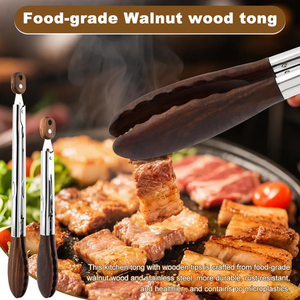 2 Pcs Wooden Tongs for Cooking & Serving Food, 12 & 15 Inch Stainless Steel Kitchen Salad Tongs with Walnut Wood Tip, Cooking Utensils Set for Salad BBQ and Serving Food
