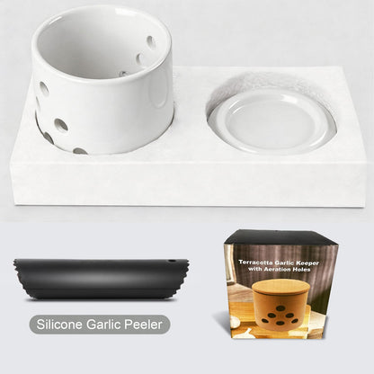 LEEPENK Garlic Keeper,Vented Clay Garlic Storage Container Saver with Lid and 12 Air Vent,Reserve for Garlic, Onion, Lemon, Patato or Ginger (White Glazed)