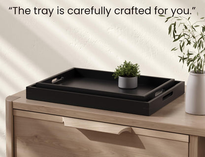 Fibogollo Bamboo Set of 2 Serving Tray with Handles,Decorative Trays Platter,Breakfast Tray in Bed,Food Drinks Tray for Eating,Working,Storing(Black)