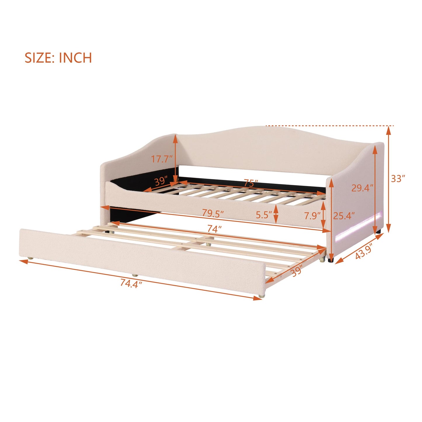 Twin Size Teddy Fleece Upholstered Daybed with Trundle and LED Lights, Daybed Frame with Stripe Design, Soft Fabric Sofa Bed with Slat Support, Space Saving Bed for Bedroom Living Room, White