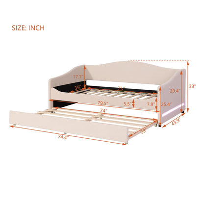 Twin Size Teddy Fleece Upholstered Daybed with Trundle and LED Lights, Daybed Frame with Stripe Design, Soft Fabric Sofa Bed with Slat Support, Space Saving Bed for Bedroom Living Room, White