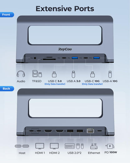 RayCue USB-C Docking Station for MacBook Pro/Air, Dual HDMI, USB-C Dock with 10Gbps, PD3.0, RJ45, 2xUSB 3.0, 2xUSB 2.0, SD/TF, Audio