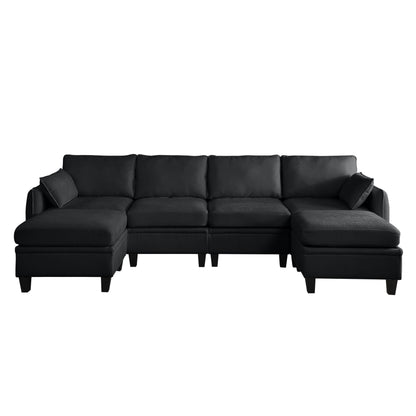 KEIKI 109 Inch Chenille Sectional Sofa Set, Modern U-Shaped Sleeper Cloud Couch with Storage Pockets & Ottoman, 6-Seater Modular Sofa Couches Bed for Apartment Living Room Lounge, Easy Assembly, Black