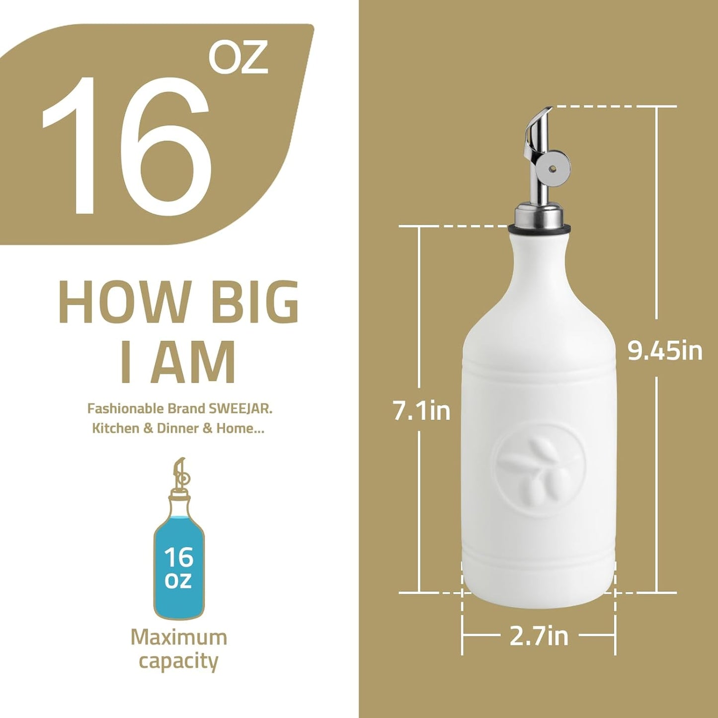 16 Oz 1 Pack(Beige, Sweejar Ceramic Olive Oil Dispenser Bottle, Oil Dispenser for Kitchen with Gravity Spout, Relief