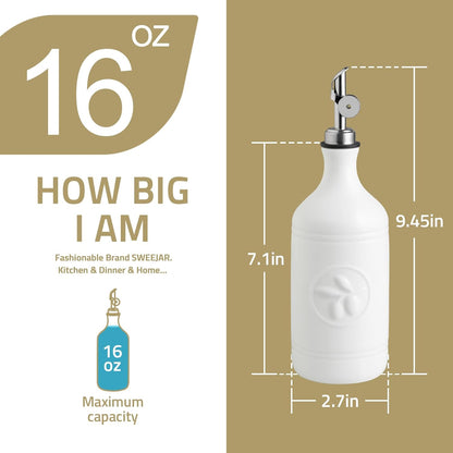 16 Oz 1 Pack(Beige, Sweejar Ceramic Olive Oil Dispenser Bottle, Oil Dispenser for Kitchen with Gravity Spout, Relief