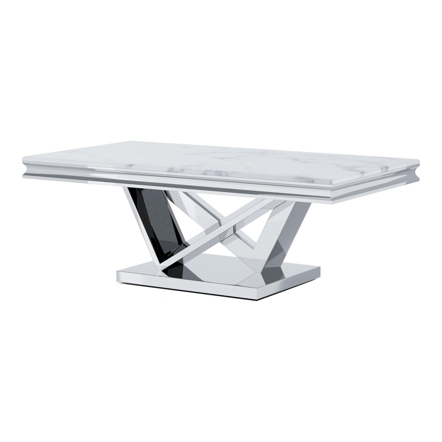 Furniture of America Namai 25mm Faux Marble Top Rectangle Coffee Table with Metal Construction and V-Style Pedestal, Home Décor for Living Room, Lounge Area, Office, Chrome