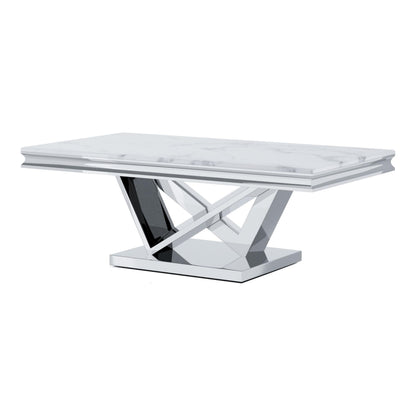 Furniture of America Namai 25mm Faux Marble Top Rectangle Coffee Table with Metal Construction and V-Style Pedestal, Home Décor for Living Room, Lounge Area, Office, Chrome