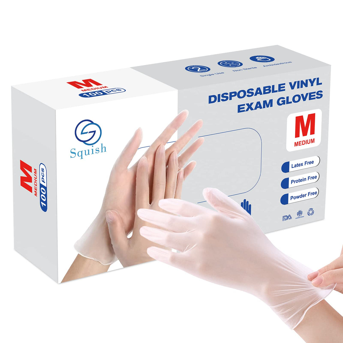 squish Disposable Gloves, 100 Count 4 mil Clear Vinyl Gloves Latex Free Powder-Free Health Glove Cleaning Rubber Glove for Kitchen Cooking Cleaning Food Handling, Medium