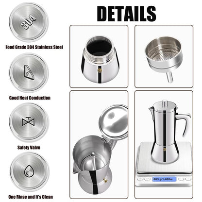 DITOSH 4 Cup Thickened 304 Stainless Steel Moka Pot Stovetop Espresso Maker Cafeteras Italian Percolator Espress Makers Capable Greca Mocha Coffee Machine for Induction Home and Camping 200ml 6.6oz