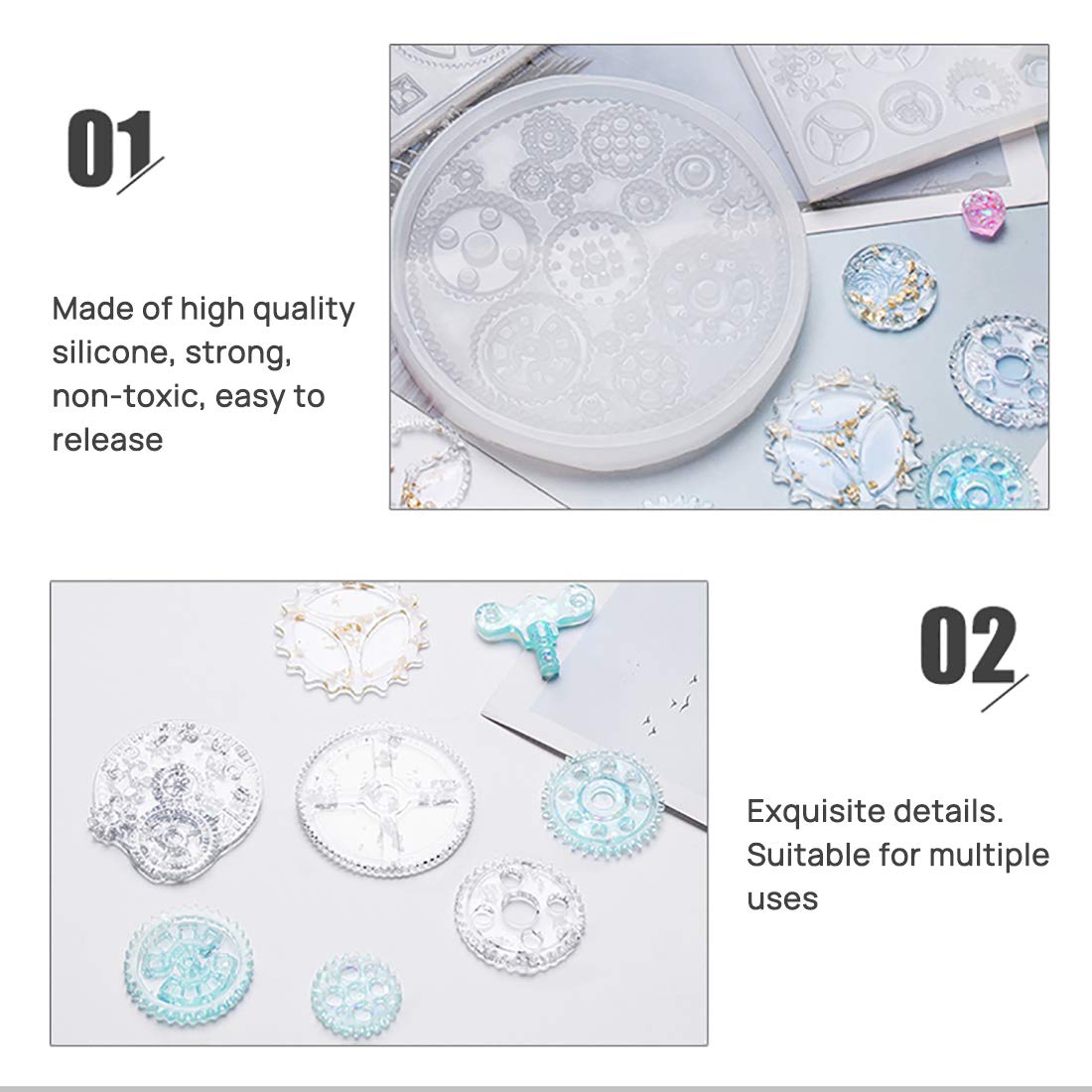 FineInno 4PCS Gear Resin Mold,Steampunk Silicone Molds for Epoxy Resin,Jewelry Casting Mould DIY Pendant, Clay, Craft,Chocolate,Cake,Fondant