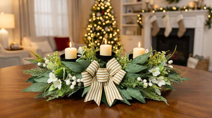 Candle Holder Centerpiece for Table,3 Wick Candle Holder with Artificial Gypsophila Flower,Artificial Eucalyptus Leaves Magnolia Holly Berries and Striped Bow for Table Centerpiece Decor,Dining Room