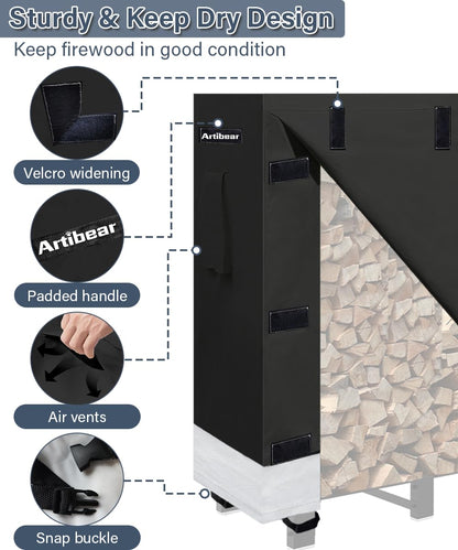 Artibear 8FT Firewood Rack Outdoor with Black Cover, bundle 28In Indoor Fireplace Log Holder with Carrier Bag