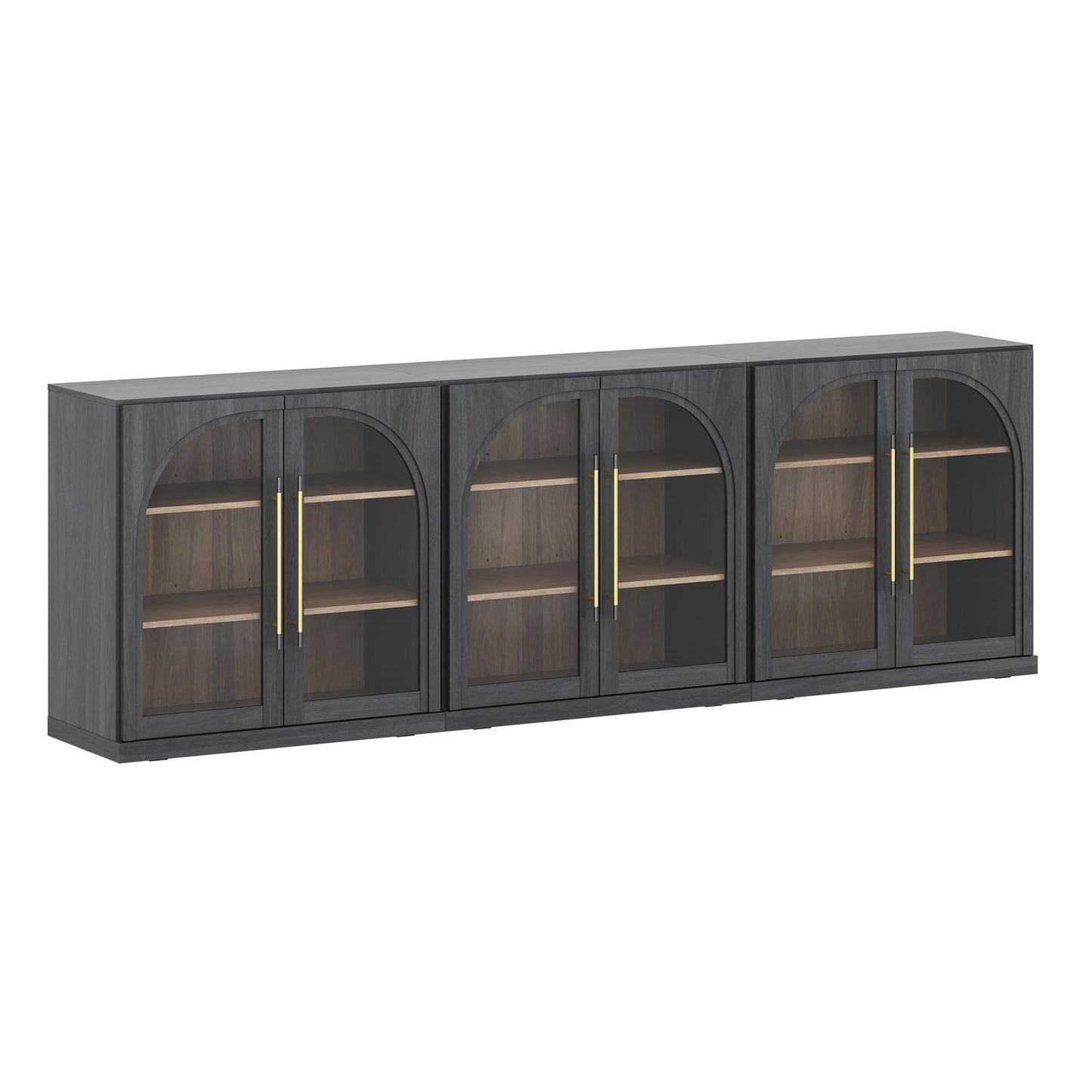 BELLEZE Set of 3 Modular Sideboard with Arched Glass Door, 97'' Accent Display Buffet Cabinet with Storage and Adjustable Shelves,Classic Modern Credenza for Dining Room Living Room Entryway (Ebony)