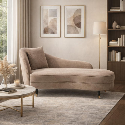 Merax 61" Velvet Curved Chaise Lounge Indoor with Pillow, Mid-Century Modern Upholstered Chaise Lounge Sofa with Left Armrest & Pillows, Wood Leg, Fainting Couch Sleeper Sofa for Living Room, Camel