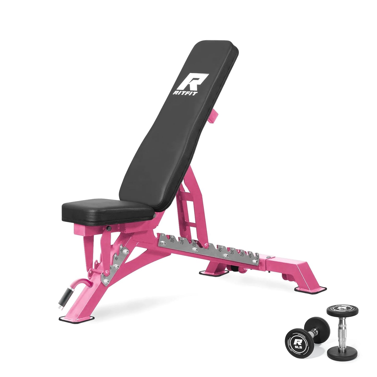 RITFIT Adjustable Weight Bench with Multiple Back Positions for Full Body Workouts, Incline, Decline, and Flat Settings for Home Gym Strength Training, 1300LB Capacity (Pink,with 2x5lb round dumbbells)