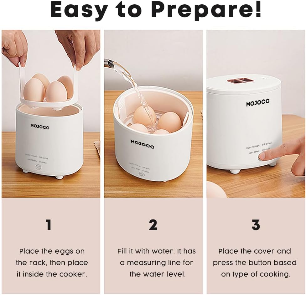 Mojoco Rapid Egg Cooker - Mini Electric Egg Boiler for Steamed, Hard Boiled, Soft Boiled Eggs, Home Kitchen Use
