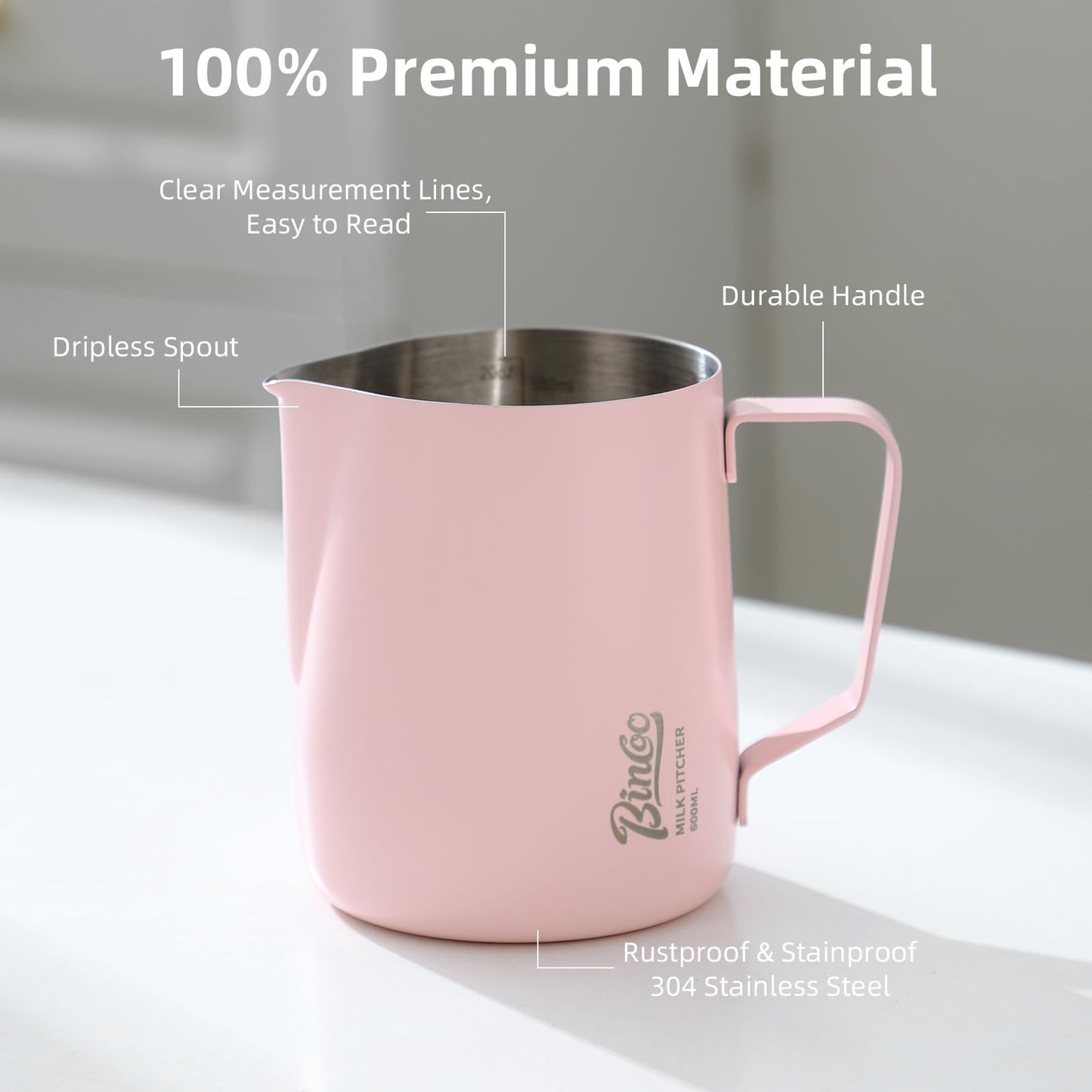 Pink Milk frother - 600ml Milk Frothing Pitcher, Milk Frother Cup Espresso Steaming Pitcher for Barista, Bincoo SUS304 Stainless Steel Espresso Steaming Pitchers for Latte Art/Cappuccino/Coffee/Milk