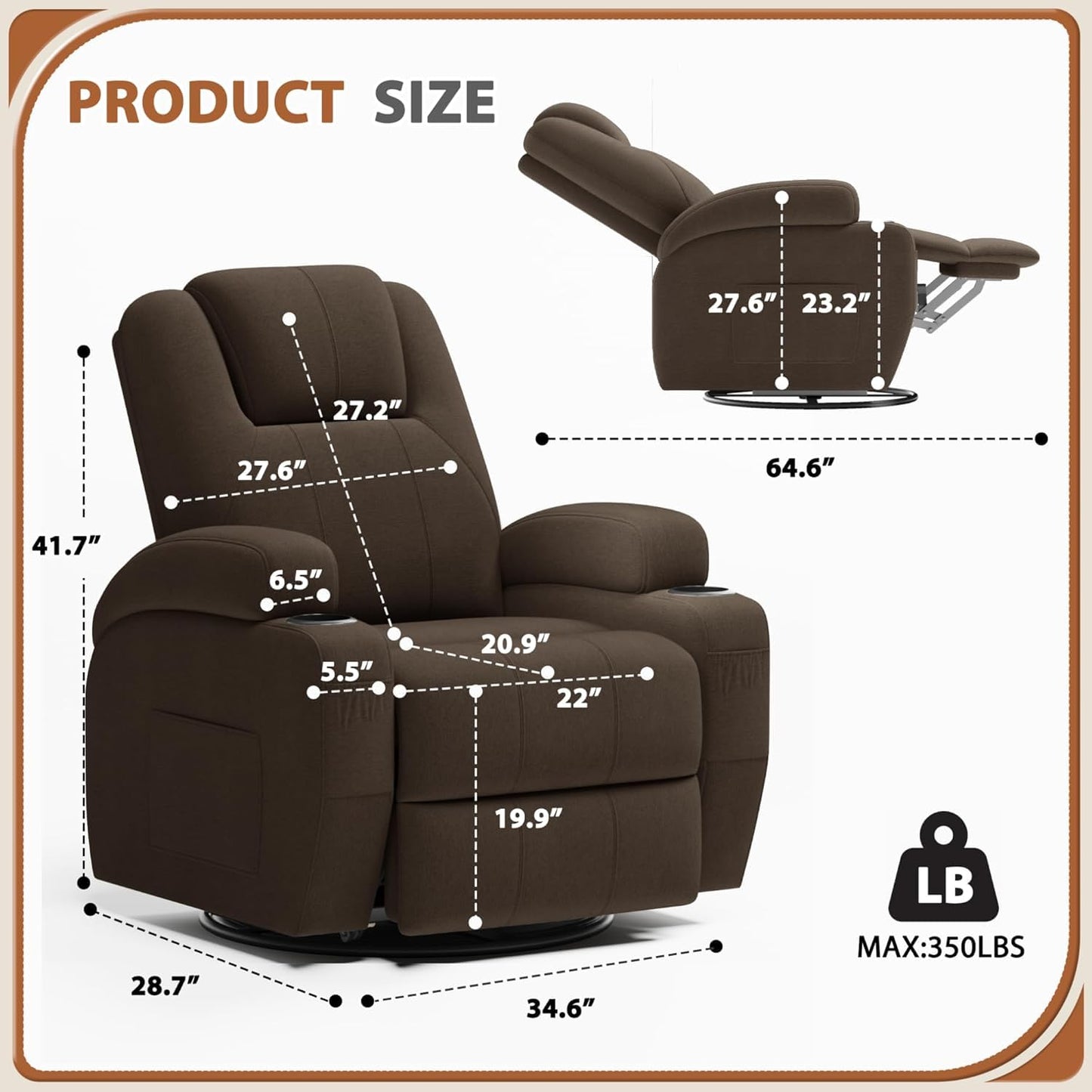 Flamaker Swivel Rocker Recliner Chair with Vibration Massage, 360° Swivel Recliner Chairs for Adults Ergonomic Lounge Chair with Cup Holders Lazy Boy Recliner Single Sofa Seat (Fabric, Brown)