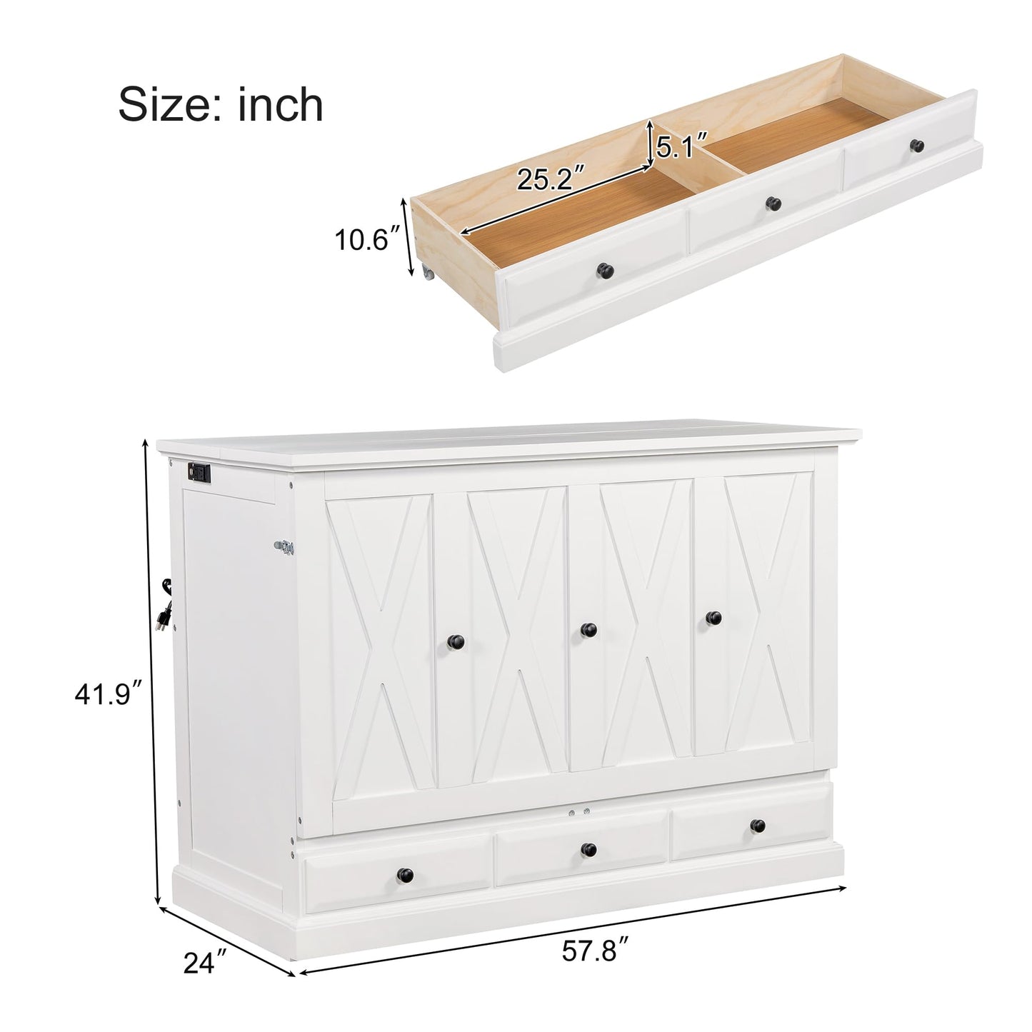 Merax Solid Pine Murphy Bed, Chest Cube Cabinet Bed with Charging Station and Large Storage Drawer for Home Office or Small Room, Full, White