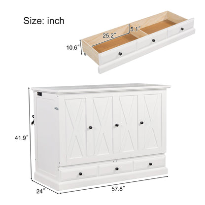 Merax Solid Pine Murphy Bed, Chest Cube Cabinet Bed with Charging Station and Large Storage Drawer for Home Office or Small Room, Full, White