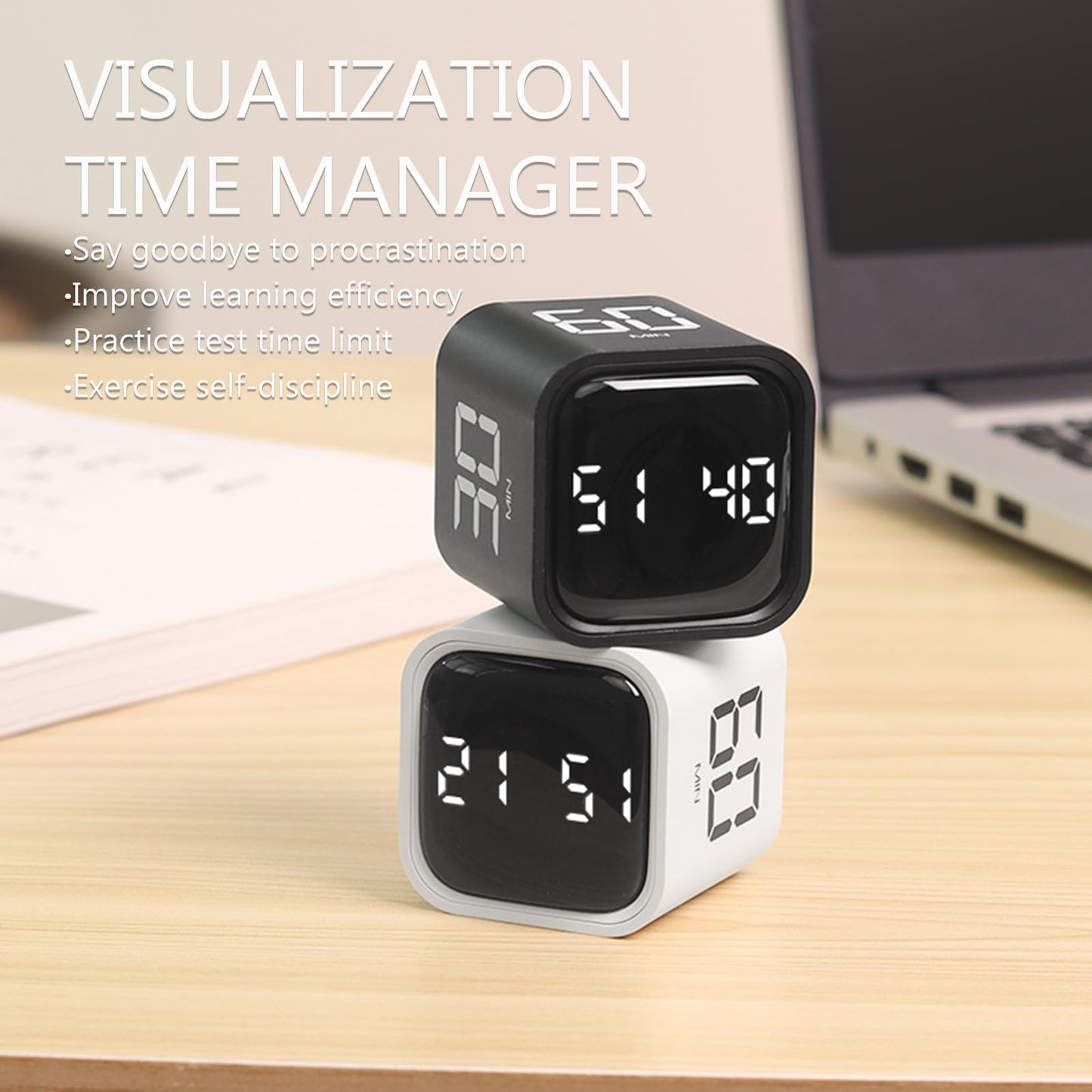 Teknoluzor Digital Cube Pomodoro Timer Desk Rechargeable Productivity Timer 5/10/30/60min & Custom Countdown, Vibration & Adjustable Sound Alarm,for Task Work Kitchen ADHD Kids Studying (Black)
