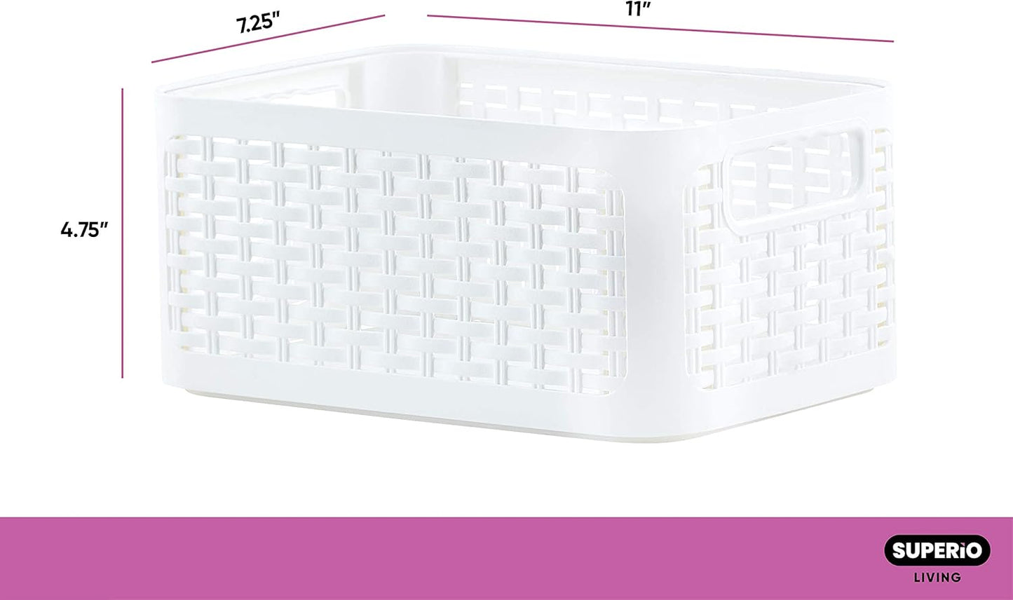 Superio Woven Plastic Storage Basket Box, 9 Quart, White - Wicker Home Organizer Shelf Bins for Closet, Handles