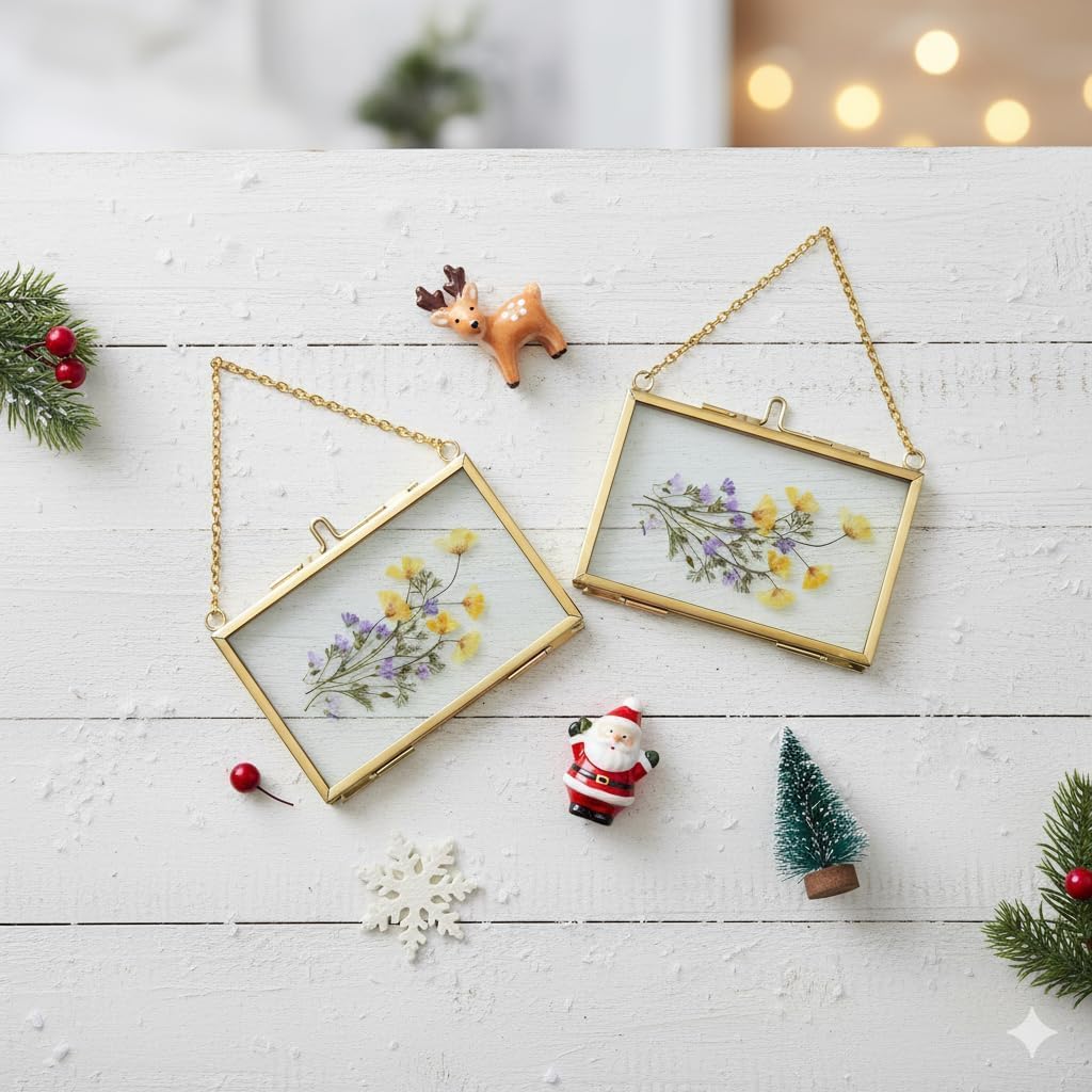 FOCHIER F 4 Pcs Pressed Flower Frame with Tweezers, Wall Hanging Tabletop Display Double Glass Frames with Metal Chain for Pressed Dried Flowers Plants, Horizontal and Vertical Picture Frame,Gold, FRAMES ONLY