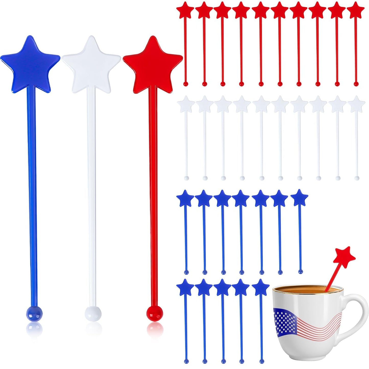 Jansun 36 Pcs 4th of July Patriotic Red White Blue Cocktail Drink Stirrers