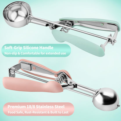 Cookie Scoops for Baking Set of 2, 18/8 Stainless Steel Ice Cream Scoop Set with Ergonomic Soft Grip, Spring Trigger Release Cookie Dough Scooper for Cupcakes, Muffins, Meatballs - Pink & Mint Green