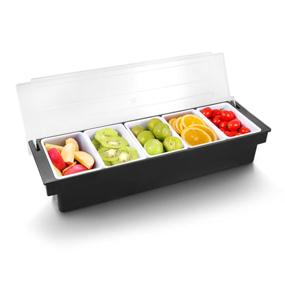 WICHEMI Fruit, Veggie & Condiment Caddy with Lid Dispenser Tray Plastic Garnish Station for Bartending & Serving Taco, Ice Cream, Salad Bar - Topping Organizer for Restaurant Supplies (5 Compartment)