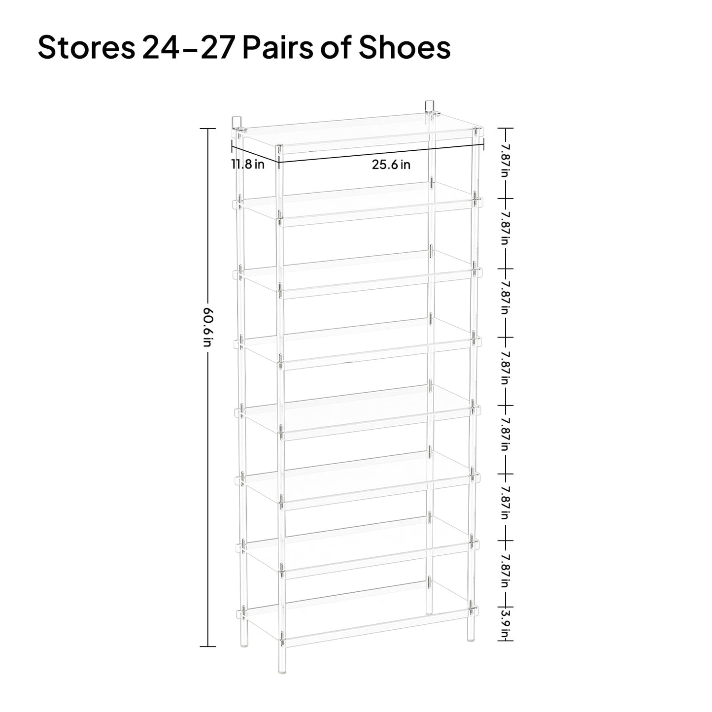 Aquiver 8 Tiers Acrylic Shoe Rack - Tall Shoe Rack for Entryway - Large Capacity Shoe Organizer - Clear Shoe Shelf Holds 24 Pairs, 25.6'' L x 11.8'' W x 60.6'' H, Easily Clean
