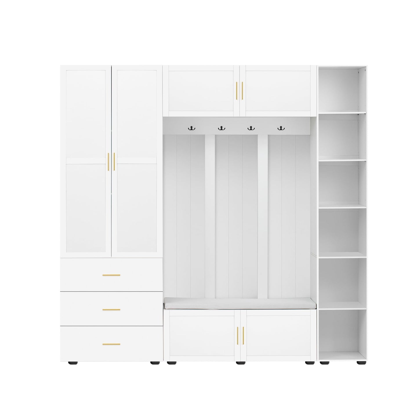 Amposei 94.49’’W Extra Large Hall Tree Cabinet with 6 Doors & 3 Drawers, Tall Entryway Organizer Shoe Storage Bench with 4 Coat Hooks & 6 Open Cubbies for Hallway Mudroom Living Room, White