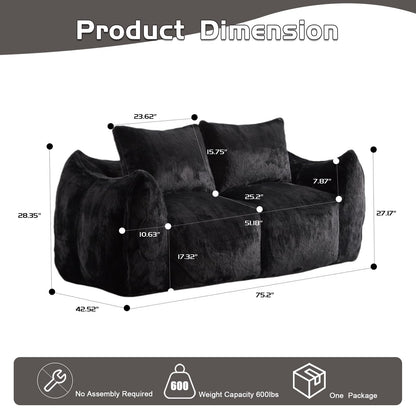 wisenook 75.2" Giant Bean Bag Chair for Adults, Ultra Soft Fluffy Loveseat Bean Bag Sofa, Oversized Floor Sofa for Living Room Bedroom, Cozy Reading Chair with 2 Pillows and Filler, Black