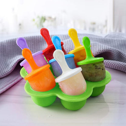 Mini Silicone Popsicle Mold, 7-Cavity DIY Ice Pop Mold with Colorful Plastic Sticks, Non-Stick Ice Cube Trays