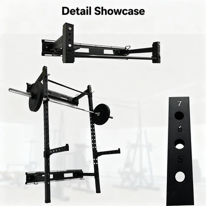 Fitvids Steel Folding Wall Mounted Power Rack Cage with Attachment Accessories - J Hooks and Height Adjustable Pull Up Bar