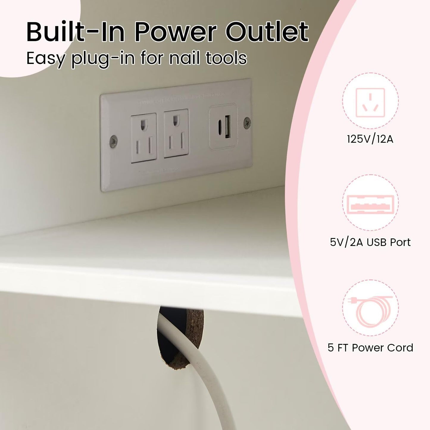 Pekdi Nail Desk for Nail Tech, Professional Manicure Table Nail Station with Power Outlets,Storage Drawers & Cabinet for Beauty Salon, Spa & Home Workstation
