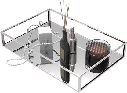 Clear Organizing Trays, Silver Mirror Tray for Room Decor, Exquisite Makeup, Jewelry, Vanity, Bathroom Storage Organizer