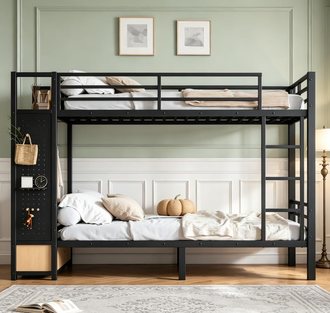 Bellemave Bunk Bed Twin XL Over Twin XL,Metal Bunk Bed with Shelf and Guardrails,Queen Bunk beds with Storage Drawers and Clothes Hooks for Kids, Teens & Adults（Black）