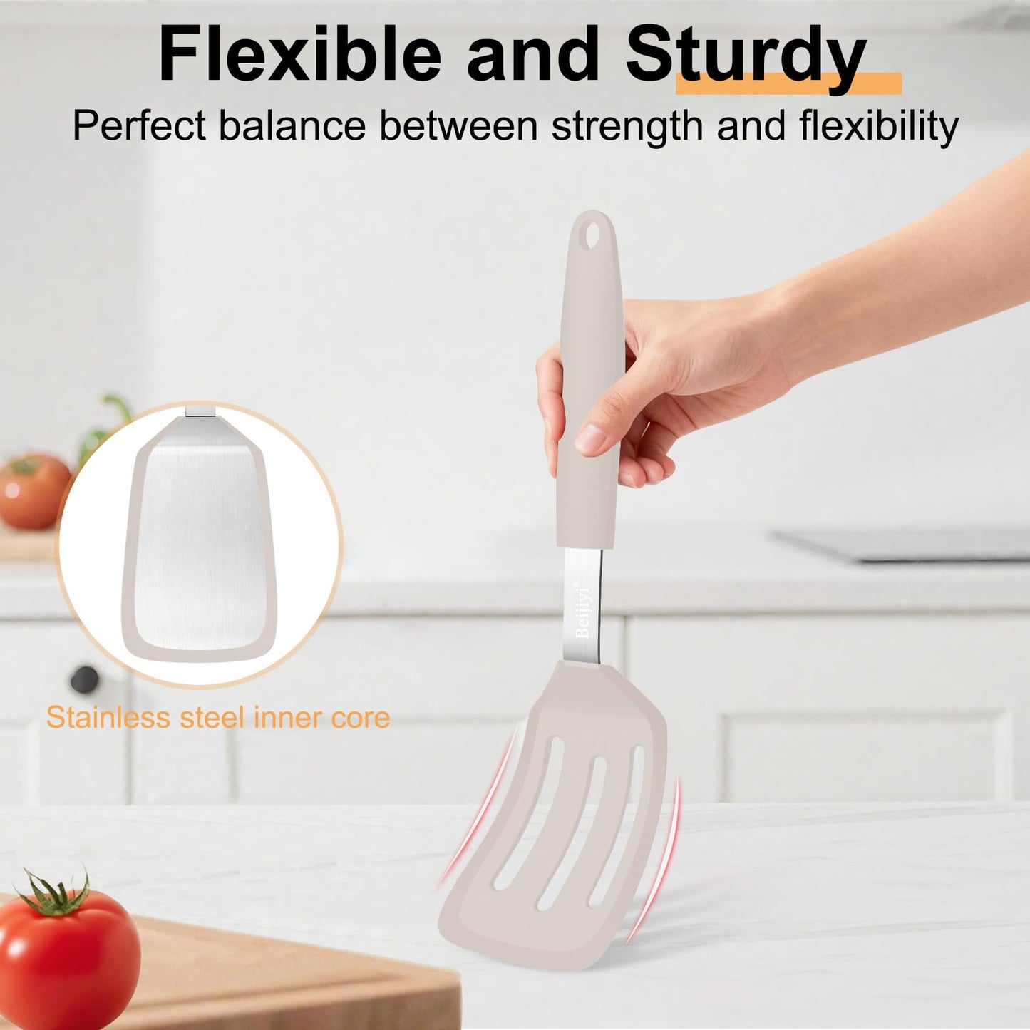 Beijiyi 2 Pack Silicone Spatula Set, 600°F Heat Resistant Spatulas for Cooking, BPA Free Kitchen Utensils, Solid & Slotted Flexible Turner for Non Stick Frying Pan, Flipping Eggs, Pancakes (Khaki)