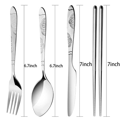 Arroyner 6 Pack Reusable Flatware Sets Knife, Fork, Spoon, Chopsticks, 24Pcs Portable Travel Stainless Steel Tableware Dinnerware with Carrying Case