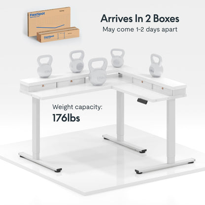 FLEXISPOT 63" L Shaped Standing Desk with Shelf Electric Corner Table, Drawers, Adjustable Computer Workstation for Home, Office,63x55in, White Top + White Frame