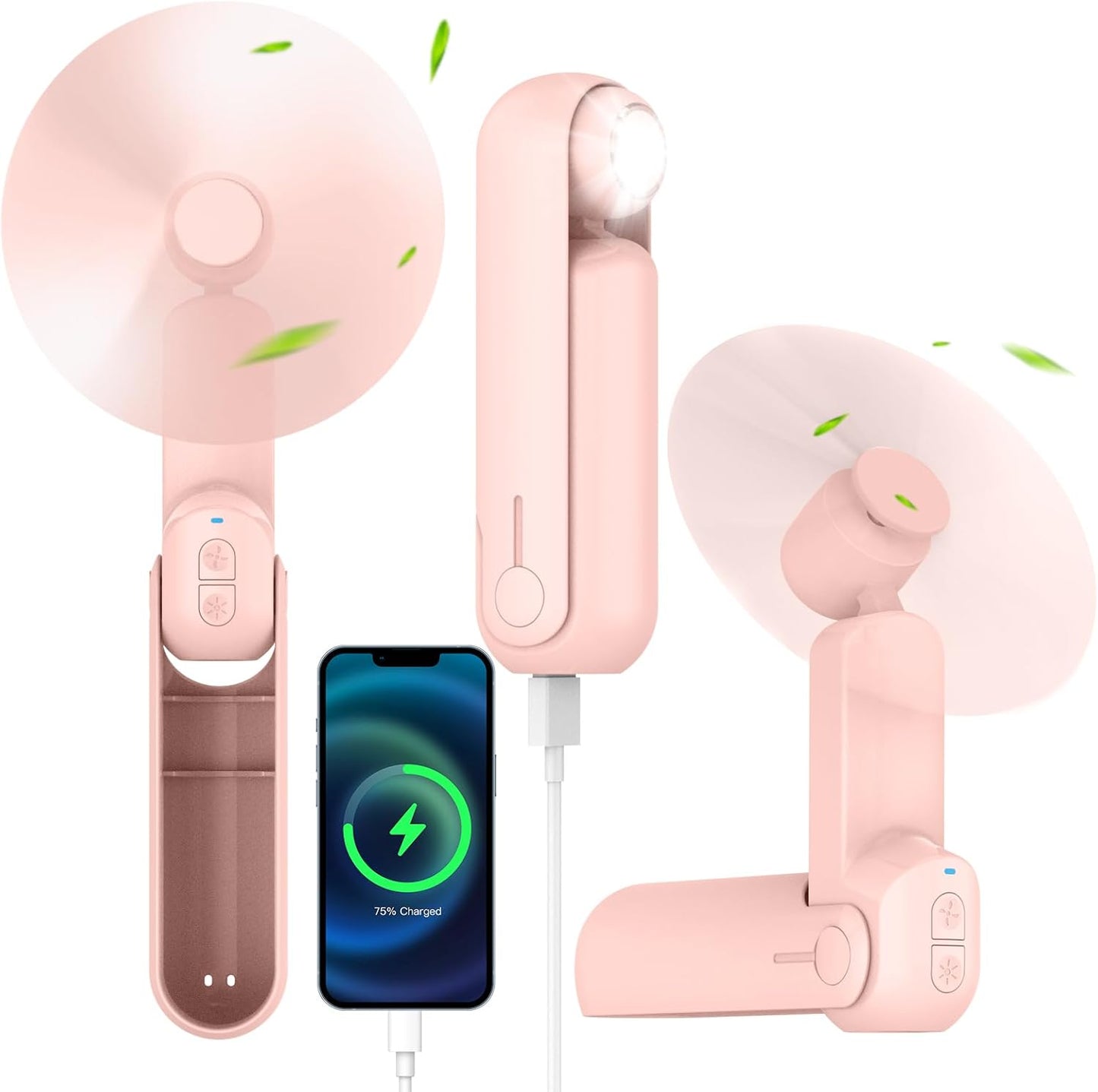Portable Handheld Fan, 4 IN 1 Personal Foldable Pocket Fan with Power Bank and Flashlight (Pink)