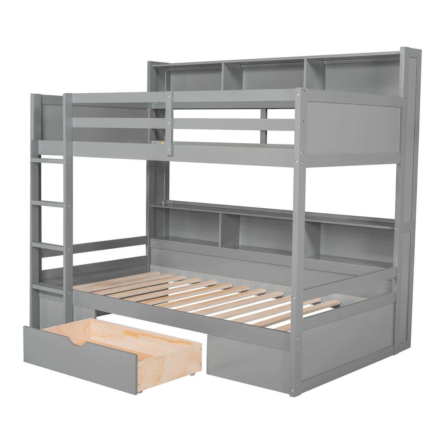 Ball & Cast Twin Over Twin Bunk Bed with Built-in Shelves Beside Both Upper and Down Bed & Storage Drawer, Twin Size Wooden Bunk Bed with Guardrails and Ladder for Kids,Teens,Adult,Gray