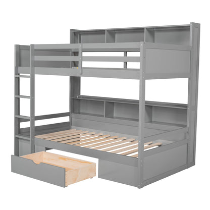Ball & Cast Twin Over Twin Bunk Bed with Built-in Shelves Beside Both Upper and Down Bed & Storage Drawer, Twin Size Wooden Bunk Bed with Guardrails and Ladder for Kids,Teens,Adult,Gray