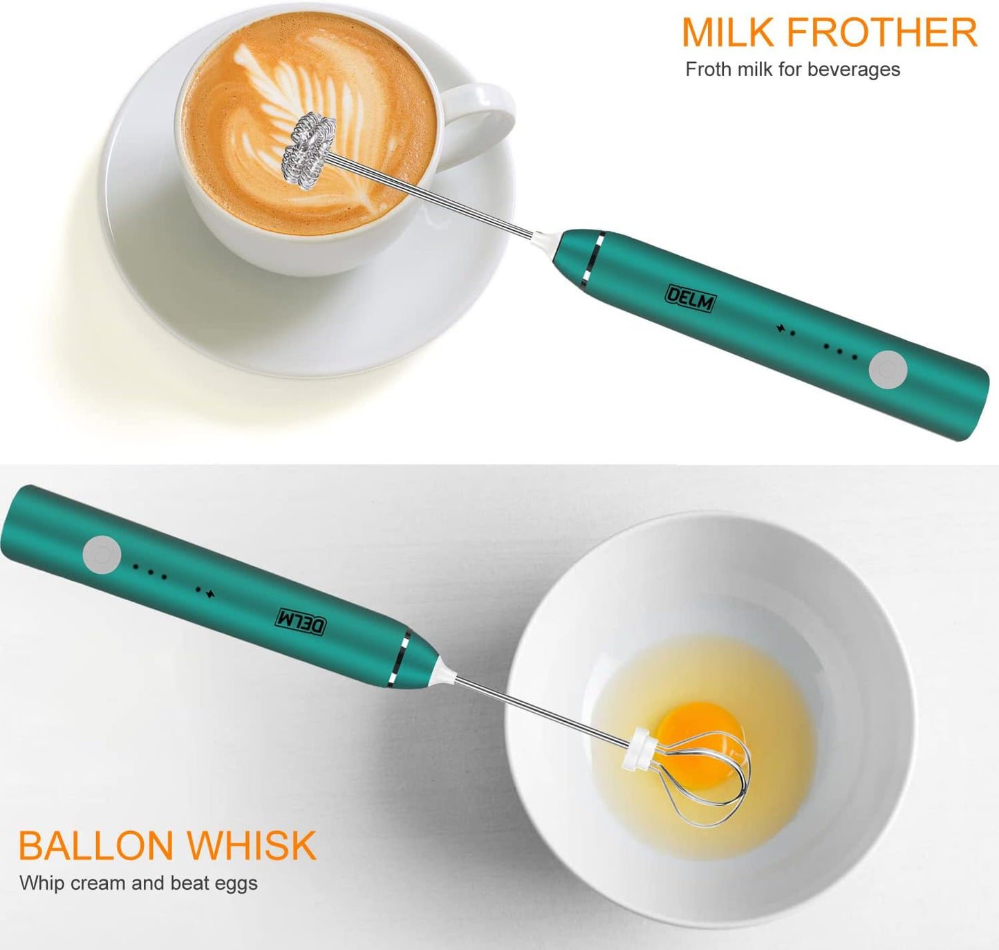 DELM Electric Milk Frother, Rechargeable Handheld Drink Mixer, Kitchen Aid, USB Rechargeable Bulletproof Frother (Green)