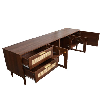 Ball & Cast Rattan TV Stand for TVs up to 80",Modern Entertainment Center with LED Light and 2 Drawers & 3 Doors,TV Media Console w/Storage Cabinets and Solid Wood Legs for Living Room,Dark Brown